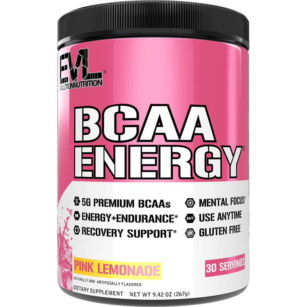 EVL BCAAs Amino Acids Powder - BCAA Energy Pre Workout Powder for Muscle Recovery Lean Growth and Endurance - Rehydrating BCAA Powder Post Workout Recovery Drink with Natural Caffeine - Pink Lemonade