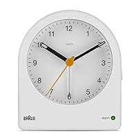 Braun Classic Analogue Alarm Clock with Snooze and Continuous Backlight, Quiet Quartz Movement, Crescendo Beep Alarm in White, Model BC22W.