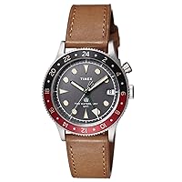 TIMEX TW2V74000 Waterbury Traditional GMT Black Dial Stainless Steel Automatic 1.5 Inch Mens Brown Black Black Traditional Watch, black, Traditional