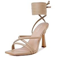 Mostrin White Strappy Heels for Women Lace Up Heels Tie Up Stiletto High Heeled Sandals Square Open Toe Heels for Prom, Party