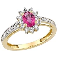 PIERA 14K Yellow Gold Natural Pink Topaz Flower Halo Ring Oval 6x4mm Diamond Accents, sizes 5-10