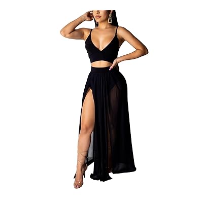 Mintsnow Women Sexy 2 Piece Outfits Dress Chiffon Strap Deep V Neck Bra  Crop Top High Split Maxi Dresses Skirt Set…