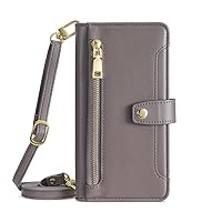 Flip Leather Case for Google Pixel 8 Pro/8 A/8, Magnetic Closure Wallet Cover with Zipper Card Slot Wrist Strap Kickstand Soft Phone Case,Grey,8 Pro''