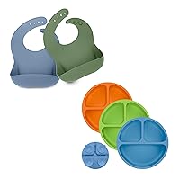 KeaBabies 2-Pack Silicone Bibs For Babies Suction Plates for Baby, Toddler - Silicone Baby Bibs for Eating, 3-Pack 100% Silicone Toddler Plates, Food-Grade Pure Silicone Bib