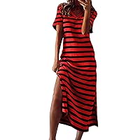 Short Sleeve Dress for Women 2024 V Neck Cocktail Dresses Split Maxi Long Dress Maxi A Line Striped Loose Fit Modest