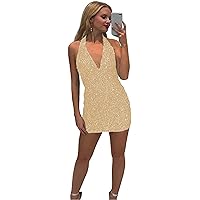 Women's Tight Open Back Sequins Glitter Homecoming Dresses Short Sparkle Halter Prom Gowns