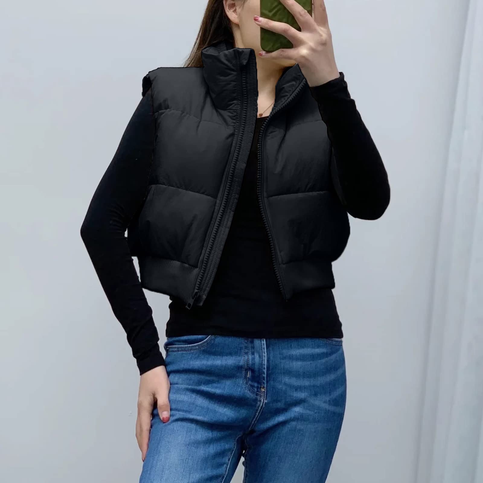 Buy Shiyifa Women's Fashion High Neck Zipper Cropped Puffer Vest Jacket  Coat