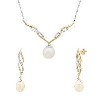 Dazzlingrock Collection Round Freshwater Pearl & White Diamond Twisting Ribbons Chevron Pendant Necklace & Dangling Earrings Set for Women