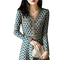 Korean Elegant A-Line Midi Dress Women Autumn Long Sleeve V Neck Print Button Female