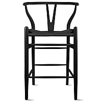 2xhome Farmhouse Style Wishbone Counter Height Bar Stool with Backs Dark Woven Seat Black Wood Fully Assembled