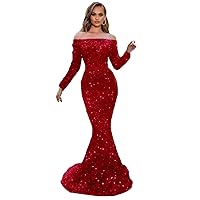 Women's Off The Shoulder Mermaid Prom Party Dresses with Long Sleeves Glitter Sequin Evening Gown