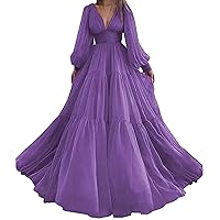 Women's V Neck Long Puff Sleeves Prom Dresses Pleats Chiffon Princess Evening Gowns Floor Length Women Party Dress