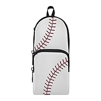 Baseball Texture Standing Large Capacity Pencil Case 3 Compartment Pen Pouch Storage Canvas Makeup Bag for School Office Teen Girl Boy Men Women