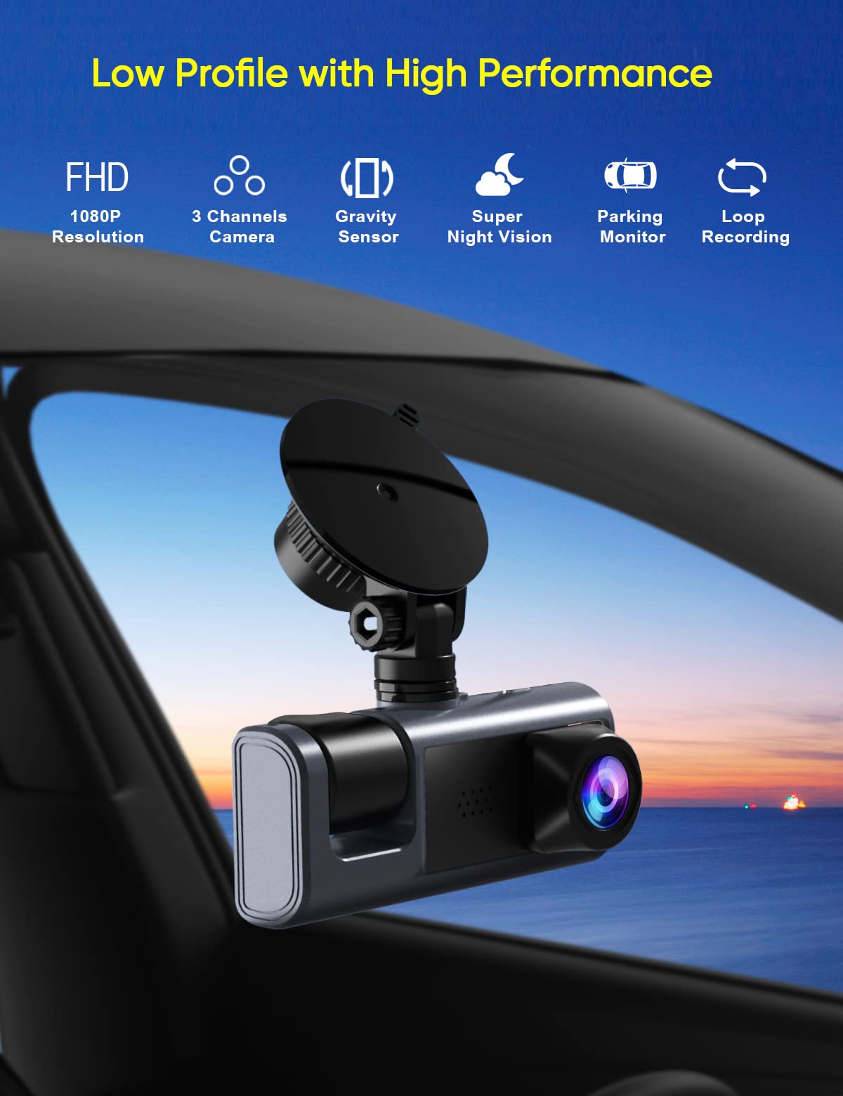 3 Channel Dash Cam Front and Rear Inside, 1080P Dash Camera for Cars, Dashcam Three Way Triple Car Camera with IR Night Vision, Loop Recording, G-Sensor, Parking Monitor, 24 Hours Recording