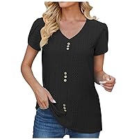 Summer Tops for Women 2024 Trendy Cute Shirts Causal V Neck T Shirts Front Button Petal Sleeve Dressy Blouses Tunics