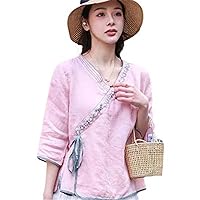Cotton Linen Embroidery Ladies V-Neck T-Shirt Chinese Traditional Oriental Dress Women's Top Half Sleeve Hanfu