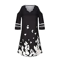 Sheer 3/4 Sleeve Cold Shoulder Mini Tunic Dress Womens Summer Scalloped Trim Neck Floral Print T-Shirt Swing Dresses