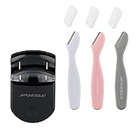 JAPONESQUE Travel Set - 3 Mini Touch Up Razors - Travel Size Dermaplaning Tool Set + Portable Plastic Eyelash Curling Tool