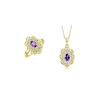 Rylos Matching Set 14K Yellow Gold Floral Pattern Halo Pendant Necklace & Ring. Gemstone & Diamonds, 18
