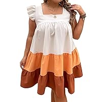Womens Plus Size Dresses Summer Square Neck Cap Sleeve Colorblock Ruffle Hem Dress (Color : Multicolor, Size : XX-Large)