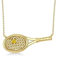 14k Gold Tennis Racket with Yellow Sapphire Ball Pendant Necklace (0.05ct)