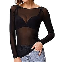 See Through Tops for Women Plain Mesh Blouse Crewneck Long Sleeve T Shirt Trendy Clubwear Shirts Sexy Slim Fit Pullover