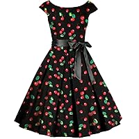 (XS, SM, MD, XXL, 18, 20, 22, 24, 28) My Cherry Pie - Black w Red & Green Print 40s 50s Retro Sash Dress