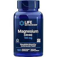 Life Extension Magnesium Citrate 100mg, 180 Veg Caps - Natural Mag Supplement - 100 mg Mineral Support Capsules - Vegan, Vegetarian, Non-GMO