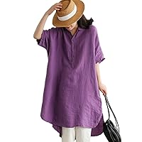 Women's Linen Dress with Lapel and Short Sleeved Solid Color Casual Summer Loose Fitting Fashionable Shirt Skirt