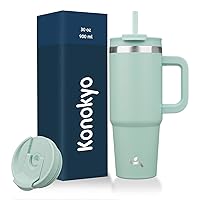 30 oz Tumbler with Handle and 2 Straws,2 in 1 Lid Insulated Water Bottle Stainless Steel Travel Coffee Mug,Retro Green