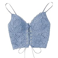 TUNUSKAT Spaghetti Strap Corset Tops for Women Sexy Deep Lace-Up Crop Lace Tank Camis Comfy Cotton Padded Short Vest Bra