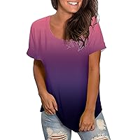 Womens Tops Spring Dressy Women Casual Fashion Multicolor Gradient Short Sleeve Binding Loose Round Neck Tshir