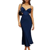 Women's Fall Satin Backless Maxi Dress Silk Cut Out V Neck Slip Tie Back Formal Cocktail Midi Dresses for Wedding Guest