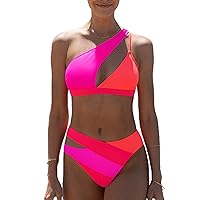popvil Women's One Shoulder High Waisted Bikini Sets Cut Out Swimsuit Patchwork Bathing Suit