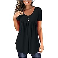 Womens Summer Fashion 2023 Blouses Hide Belly Tunic Cute Short Sleeve Button Down Shirts Flowy Henley Tops for Leggings