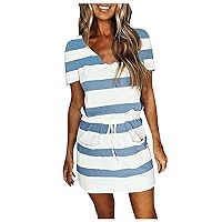 HOXZODT Summer Dresses for Women 2024,Trendy Striped Drawstring Mini Dress Casual Loose V Neck T Shirt Dress with Pockets