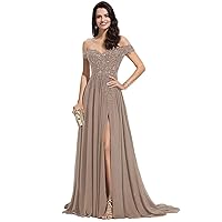 Women's Prom Dress Off Shoulder Long with Split Lace Applique Chiffon V Neck Royal Blue Party Formal Evening Dress