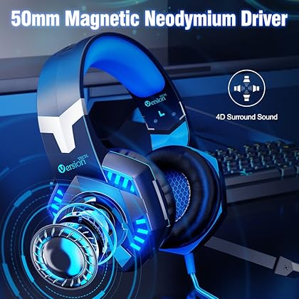 VersionTECH. G2000 Gaming Headset for PS5 PS4 Xbox One Controller,Bass Surround Noise Cancelling Mic, Over Ear Headphones with LED Lights for Mac Laptop Xbox Series X S Nintendo Switch NES PC Games
