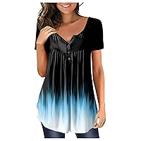 Workout Shirts for Women Short Sleeve Henley V-Neck Plus Size Hem Relaxed Fit Ruffle Light Shirts for Women Trendy