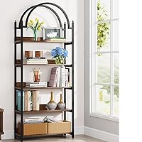 Tribesigns 5-Shelf Arched Bookcase, Industrial Metal Etagere Open Bookshelf, Rustic Wood Shelf with Black Metal Frame,72 Inches Tall(1, Brown+Black)