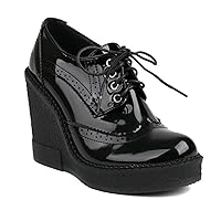 Womens Wedge High Heel Oxfords Wingtip Perforated Leather Lace-up Fashion Platform Dress Brogue Shoes