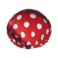 Red White Polka Dot Shower Cap For Women, Elastic And Reusable,Double Waterproof Layers Bathing Hat