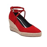 Women's Wedges Espadrilles Pumps Elegant Faux Suede Round Toe Cross-Tied Ankle Strap Platform High Heel Shoes (Red,4.5)