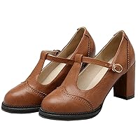 Women Chunky Oxford Shoes T-Strap Mary Janes Block Heel Vintage Pumps Wingtip