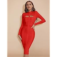 Fall Dresses for Women 2023 Solid Cut Out Bandage Bodycon Dress Dresses for Women (Color : Red, Size : Large)
