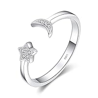 Moon Star Cubic Zirconia Open Adjustable Rings, 925 Sterling Silver Rings for Women, Simulated Diamond Cuff Finger Thumb Band Ring, Girls Womens Jewelry Gifts