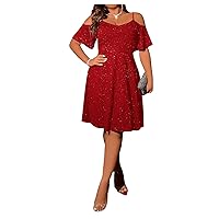 OYOANGLE Women's Plus Size Elegant Glitter Sparkly Cold Shoulder Short Sleeve Ruffle Hem Knee Length Dress