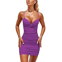 Women's Satin Sleeveless Cut Out Twist Knot Front Ruched Bodycon Mini Party Dresses YB30