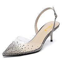 FSJ Women Crystal Studded Clear Pumps Sparkle Rhinestones Mid Low Heel Sandals Slingback D'orsay Pointed Toe Wedding Shoes Size 4-15 US