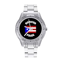 Vintage Boricua Pride Puerto Rican PR Flag Stainless Steel Band Business Watch Dress Wrist Unique Luxury Work Casual Waterproof Watches